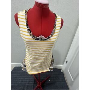 Yellow Striped Tank‎ Top Floral Neckline Sleeveless Casual Cute